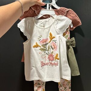 Girls' Floral Outfit Set - White, Pink, Green